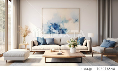 Stylish and Scandinavian living room interior of modern apartment with sofa 108018548