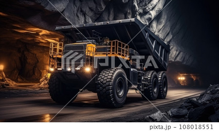 Large quarry dump truck. Big yellow mining truck at work site. Large quarry dump truck. Big yellow mining truck at work site. 108018551