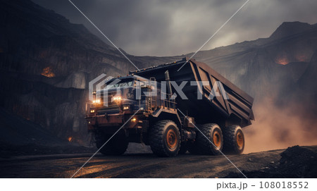 Large quarry dump truck. Big yellow mining truck at work site. Large quarry dump truck. Big yellow mining truck at work site. 108018552