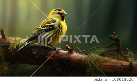 Eurasian siskin (Spinus spinus) searching for food in the forest in the Netherlands 108018626