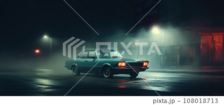 Retro car on night street. Neon color 108018713