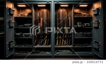 Safe for firearms. The inside of a gun cabinet. Safe storage of rifles, carbines, pistols. Black interior and gun holders. 108018731