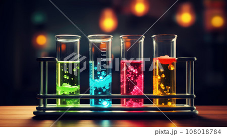Group of test tubes with a colored reagents in a rack 108018784