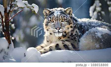 Snow leopard with long taill, sitting in nature stone rocky mountain habitat 108018800