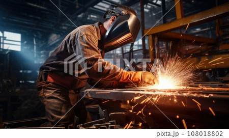 Welder erecting technical steel. Industrial steel welder in factory technical Welder erecting technical steel. Industrial steel welder in factory technical 108018802