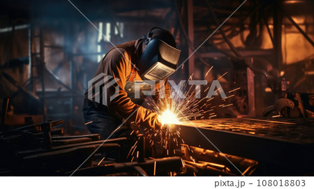 Welder erecting technical steel. Industrial steel welder in factory technical Welder erecting technical steel. Industrial steel welder in factory technical 108018803