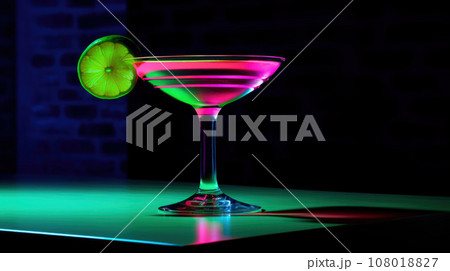 Close up of alcoholic cocktail, beverage, drink, prepared by professional barman in multicolored neon light. Close up of alcoholic cocktail, beverage, drink, prepared by professional barman in multicolored neon light. 108018827