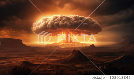 Terrible explosion of a nuclear bomb with a mushroom in the desert. Hydrogen bomb test Terrible explosion of a nuclear bomb with a mushroom in the desert. Hydrogen bomb test 108018843