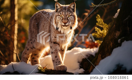 Lynx in winter. Young Eurasian lynx, walks in snowy beech forest. Beautiful wild cat in nature Lynx in winter. Young Eurasian lynx, walks in snowy beech forest. Beautiful wild cat in nature 108018861