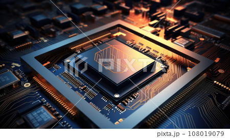 Glowing modern processor. Big illuminated graphic processor surrounding by other electrical components Glowing modern processor. Big illuminated graphic processor surrounding by other electrical components 108019079