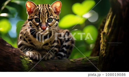 Margay, Leopardis wiedii, beautiful cat sitiing on the branch in the tropical forest 108019086