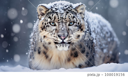 Snow leopard with long taill, sitting in nature stone rocky mountain habitat 108019156
