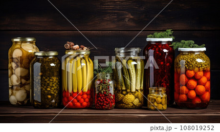 Preserving vegetables for the winter, canned vegetables in jars on a wooden table 108019252