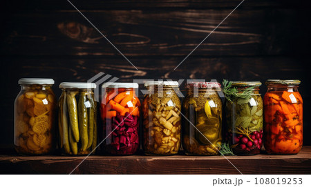 Preserving vegetables for the winter, canned vegetables in jars on a wooden table 108019253