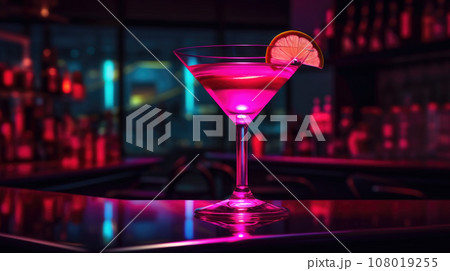 Close up of alcoholic cocktail, beverage, drink, prepared by professional barman in multicolored neon light. 108019255