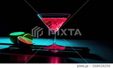 Close up of alcoholic cocktail, beverage, drink, prepared by professional barman in multicolored neon light. 108019256