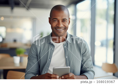 Portrait of cheerful African American businessman in casual clothes with smartphone and cup of coffee. Happy smiling mature man, successful entrepreneur or employee working in office or coworking cafe 108019367