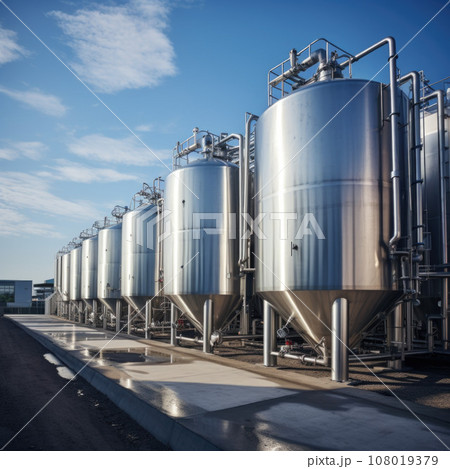 Modern wine factory with large shine tanks for the fermentation 108019379