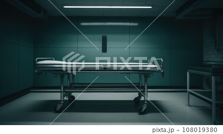 Empty metal bed in autopsy room. The table for dead body. Forensic doctor 108019380