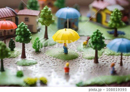 雨の降る街並みと公園(3D)ジオラマ 雨の降る街並みと公園(3D)ジオラマ 108019393