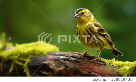 Eurasian siskin (Spinus spinus) searching for food in the forest in the Netherlands 108019436