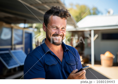 Smiling middle-aged man with a smartphone against the background of solar panels. Experienced entrepreneur runs a business installing solar panels. Alternative energy and smart home technology. 108019443