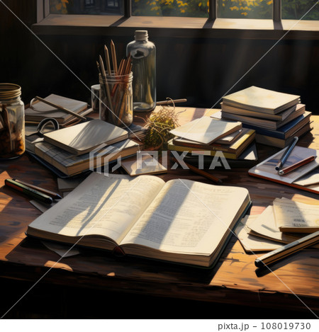 Open book and a burning candle. Reading a book by candlelight 108019730