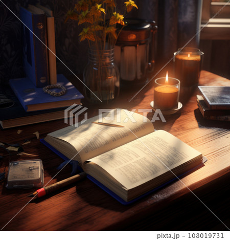 Open book and a burning candle. Reading a book by candlelight 108019731