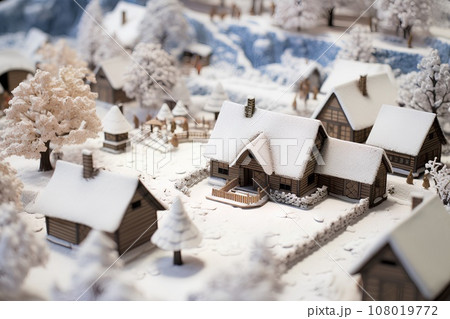 雪の降る山村の集落(3D)ジオラマ 雪の降る山村の集落(3D)ジオラマ 108019772