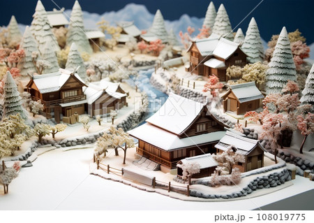 雪の降る山村の集落(3D)ジオラマ 雪の降る山村の集落(3D)ジオラマ 108019775