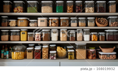Kitchen shelves with glass jars filled with groceries. concept of zero waste home and lifestyle 108019932