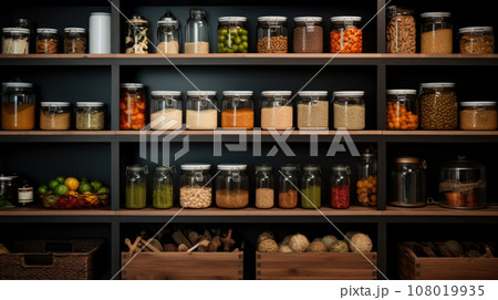 Kitchen shelves with glass jars filled with groceries. concept of zero waste home and lifestyle Kitchen shelves with glass jars filled with groceries. concept of zero waste home and lifestyle 108019935
