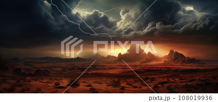 Classic southwest desert landscape with storm clouds and lightning 108019936
