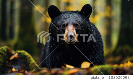 Wild black bear cub searches for food along a hillside overturning rocks among young evergreen trees 108020098