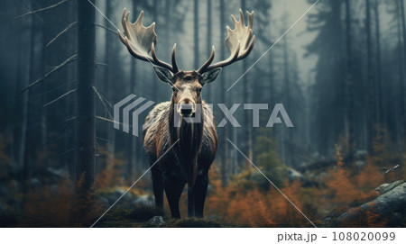 Alces alces shirasi, Moose, Elk is standing in dry grass, in typical autumn environment 108020099