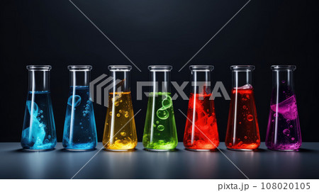 Group of test tubes with a colored reagents in a rack 108020105