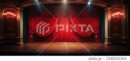 The red curtains of the stage are opening for the theater show 108020364