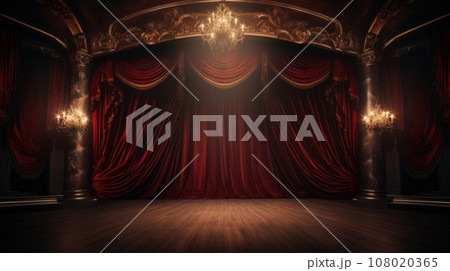 The red curtains of the stage are opening for the theater show 108020365