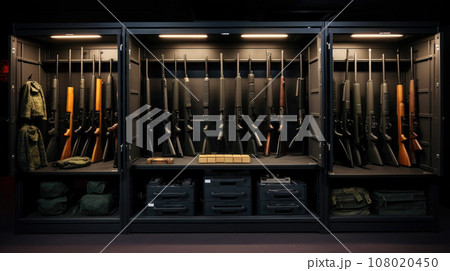 Safe for firearms. The inside of a gun cabinet. Safe storage of rifles, carbines, pistols. Black interior and gun holders. 108020450