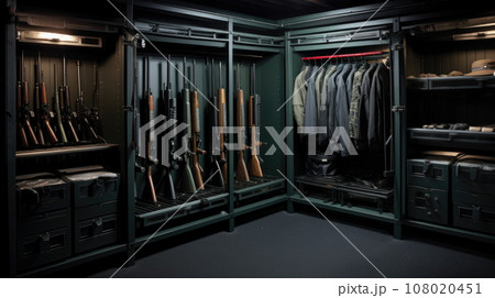Safe for firearms. The inside of a gun cabinet. Safe storage of rifles, carbines, pistols. Black interior and gun holders. 108020451