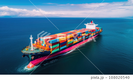 Aerial view of a large, loaded container cargo ship traveling over open ocean 108020540