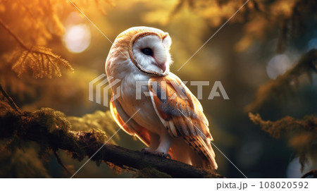 Barn owl sit on stump in autumn forest - Tyto alba 108020592