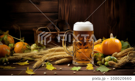 Mug of beer, wheat ears, green hops on a wooden background 108020660