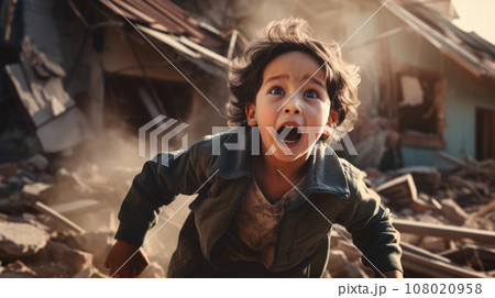 A frightened boy on the wreckage of a house A frightened boy on the wreckage of a house 108020958