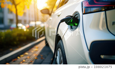 Close-up of electric car charging, ecology transportation concept 108021075