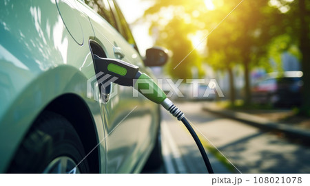 Close-up of electric car charging, ecology transportation concept 108021078