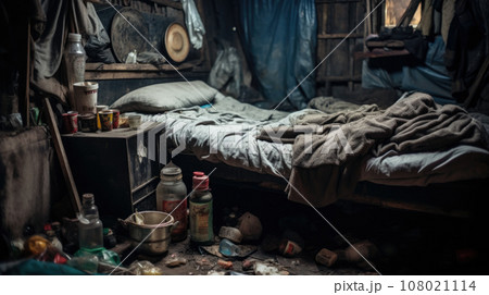 Abandoned vagrant bedroom in old house ruins 108021114