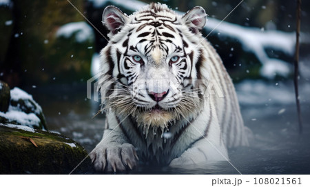 White tiger with black stripes laying down in a wood White tiger with black stripes laying down in a wood 108021561