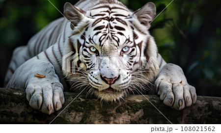 White tiger with black stripes laying down in a wood 108021562