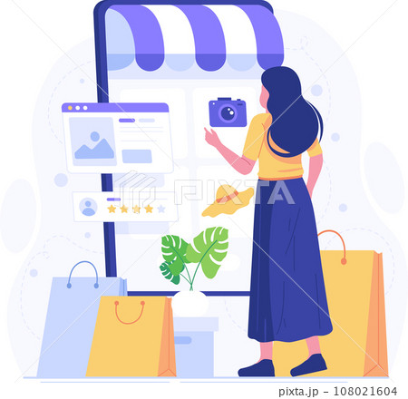 Shopping online vector concept for banner, website design or landing web page. Online shopping on website or mobile app. E-commerce and delivery concept. Vector illustration. 108021604